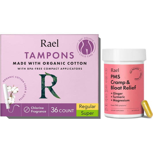 Rael Bundle - Compact Applicator Tampons Made with Organic Cotton, Multipack (Regular & Super, 36 Count) & PMS Supplement for Women (28 Capsules)