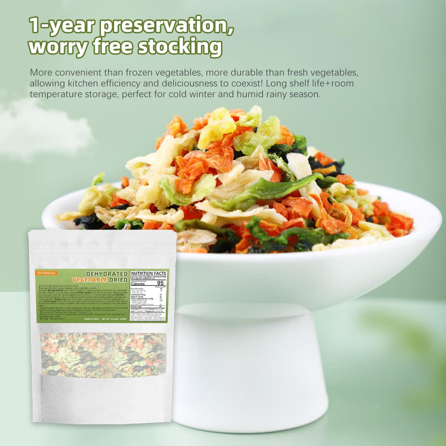 BAYUEDEGUA-Dehydrated Vegetable Dried 300g/10.58oz Mixed Vegetable Pack,Suitable for kitchen,Camping,Convenience food. Serve with soup,Noodles,Rice,Congee and cakes.
