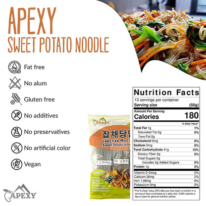 APEXY Sweet Potato Glass Noodles, Japchae Noodles, Korean Vermicelli Pasta, Fat-free and Gluten-free, 100% Sweet Potato Starch, No Additive, No Alum inside, 24oz (680g)