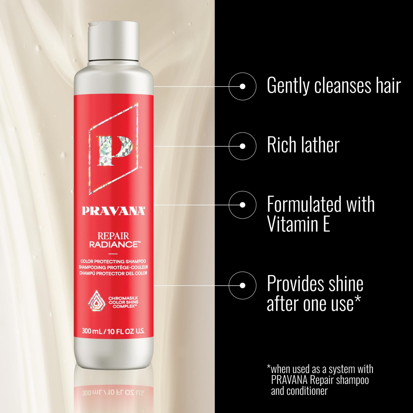 Pravana Repair Radiance Shampoo | Strengthens, Protects, Restores | For Damaged, Color Treated Hair | Reduces Breakage & Split Ends | Chromasilk Enhances Shine & Protection | Vegan | Paraben Free