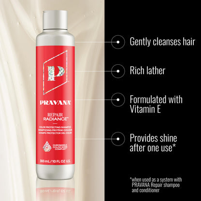 Pravana Repair Radiance Shampoo | Strengthens, Protects, Restores | For Damaged, Color Treated Hair | Reduces Breakage & Split Ends | Chromasilk Enhances Shine & Protection | Vegan | Paraben Free