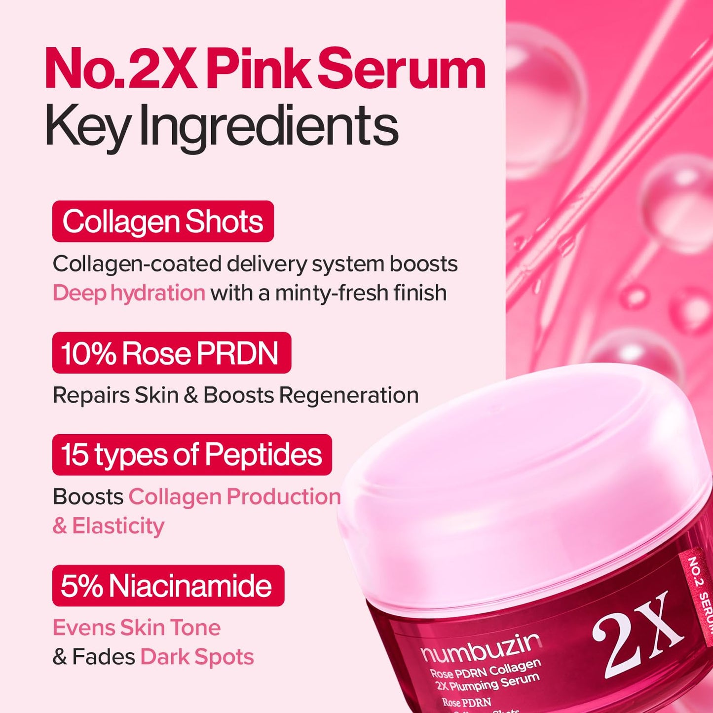 numbuzin No.2X Rose PDRN Collagen Plumping Serum, Collagen Spicule Serum for Firming & Volume Glow, PDRN, Peptides, Collagen, Hydrating Korean Skincare, 1.01 fl oz (30ml)