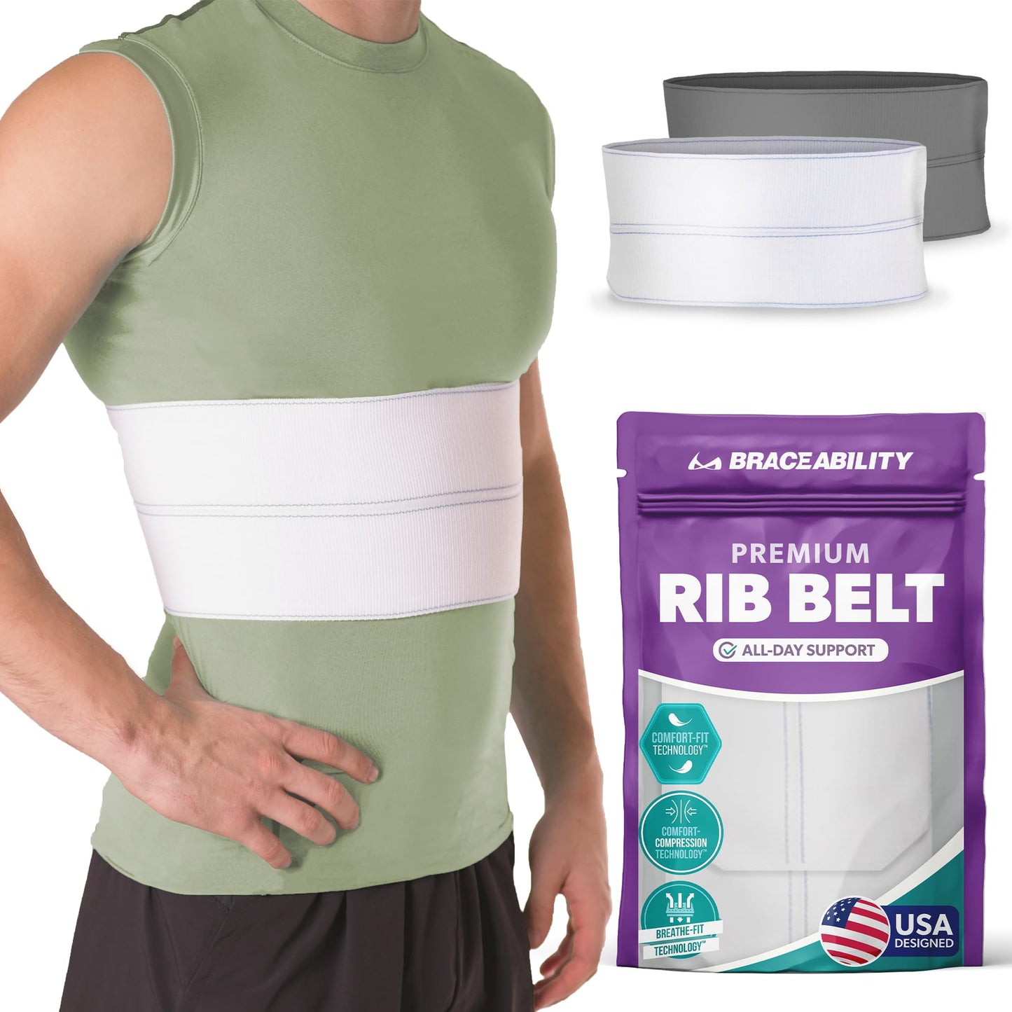 BraceAbility Broken Rib Brace for Men and Women - Rib Protector Compression Wrap, Chest Support Belt for Bruised, Fractured, Dislocated Ribs, Costochondritis Relief, Sternum Brace (Male - White)