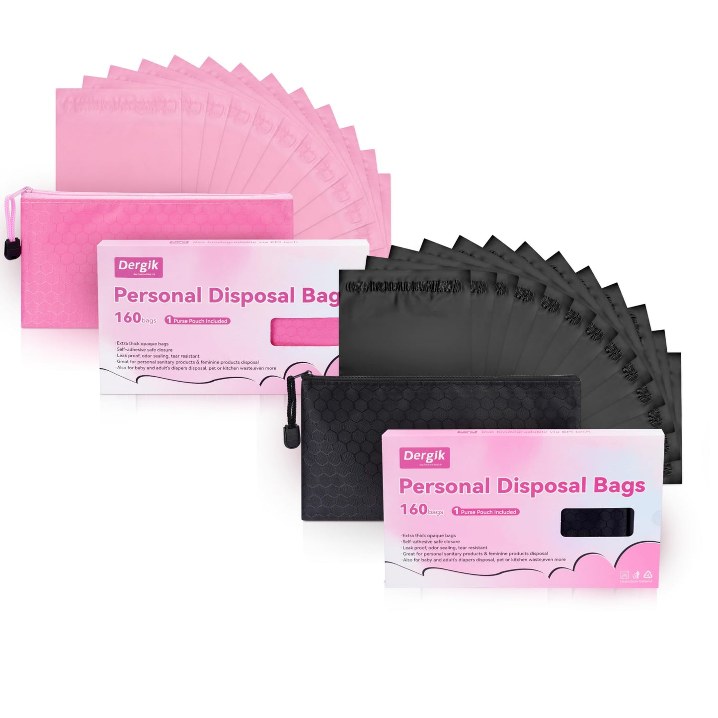 Personal Care Sanitary Disposal Bags(320 Counts),Sanitary Napkin Disposal Feminine Hygiene Bags,with Pouch, Black & Pink, Bundle