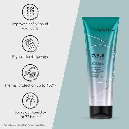 Joico Curls Like Us Define & Seal Curl Defining Gelee | For Curly Hair | Reduce Frizz | Medium Hold | Heat Protection up to 450°F | With Moringa Seed & Algae Oil | 8.5 Fl Oz