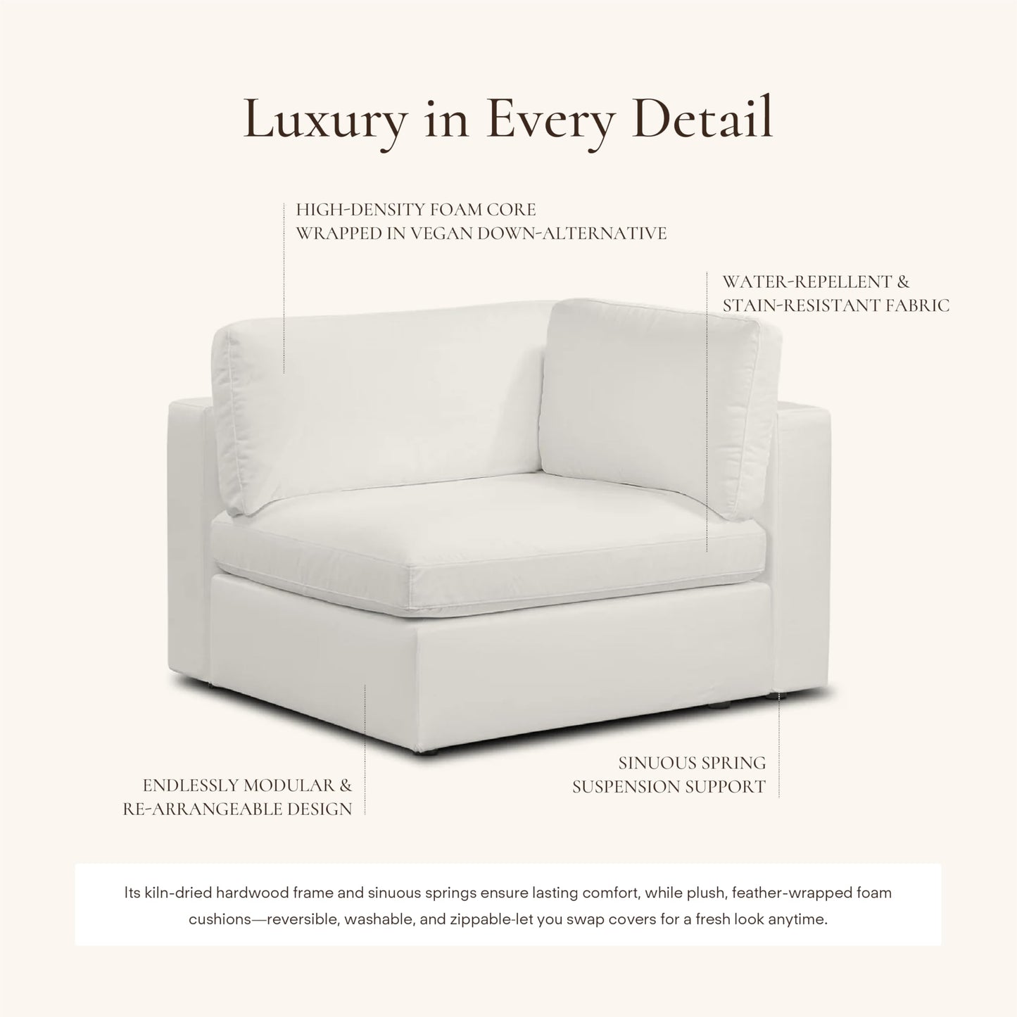 Poly & BARK Vari Modular Right Facing Corner Seat with Arm Cushion in Cotton White Performance Fabric with Water Repellent Washable Covers Plush Comfort for Custom Sectional Sofa Layouts