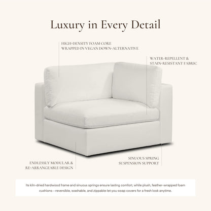 Poly & BARK Vari Modular Right Facing Corner Seat with Arm Cushion in Cotton White Performance Fabric with Water Repellent Washable Covers Plush Comfort for Custom Sectional Sofa Layouts