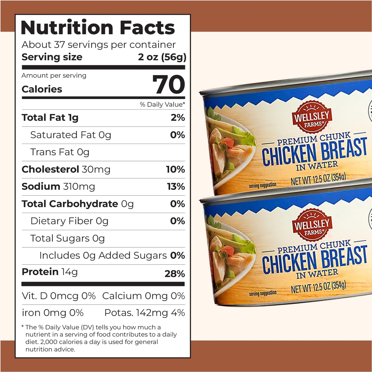 Wellsley Farms Premium Chunk Chicken Breast in Water, Fully Cooked Boneless Skinless, For Prepared Meals, Salads, Sandwiches & More, Canned, 12.5 oz Cans, 6-Pack