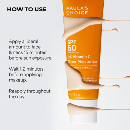 Paula's Choice 5% Vitamin C Sheer Sunscreen for Face, SPF 50 Face Sunscreen, Moisturizing, Lightweight Invisible, Prevents Dark Spots, No Cast, All Skin Types, UVA/UVB Protection, Fragrance-Free, 2oz