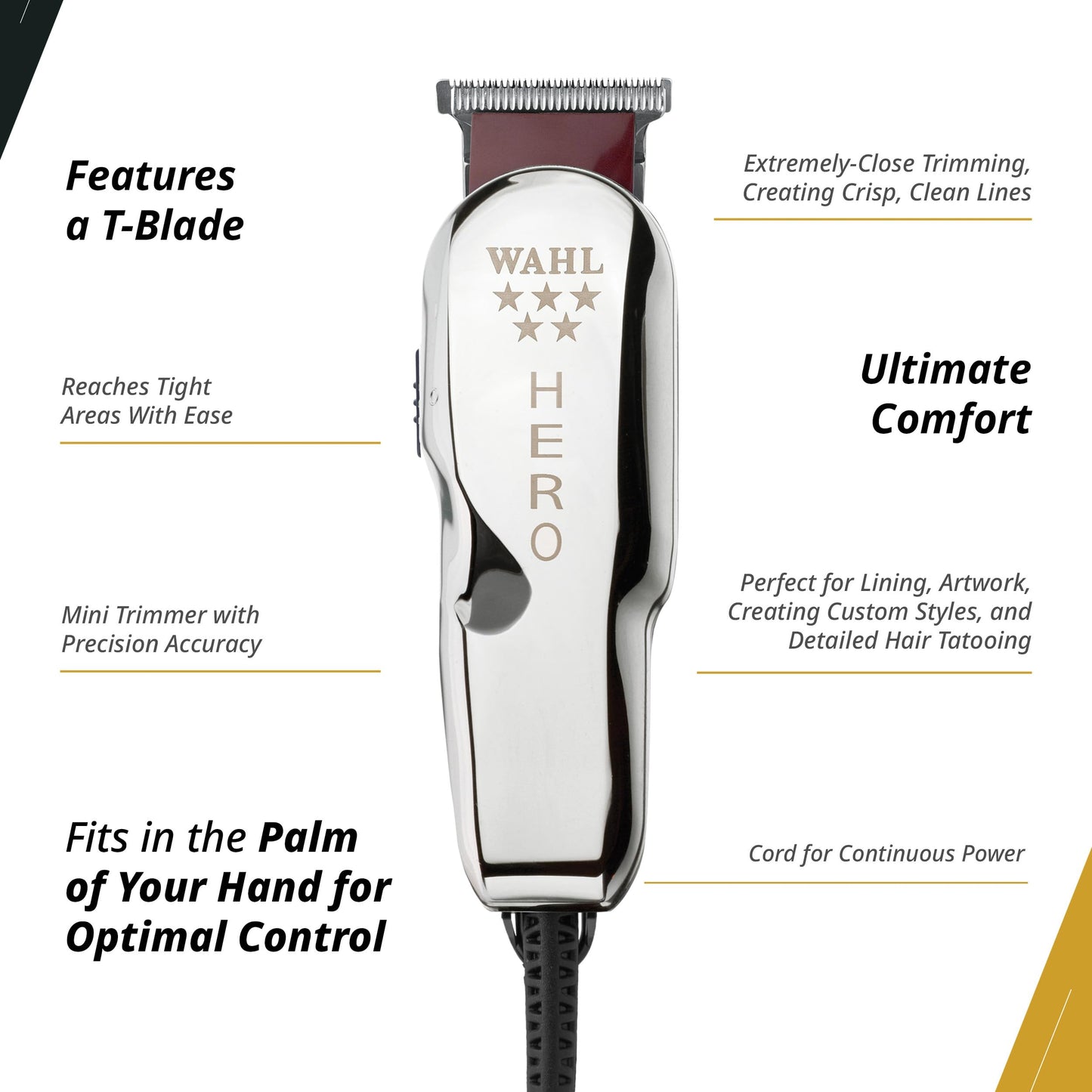 Wahl Professional 5 Star Hero Trimmer, Corded, Adjustable T-Blade, Lightweight Rotary Motor, Includes 3 Guides for Precision Lining