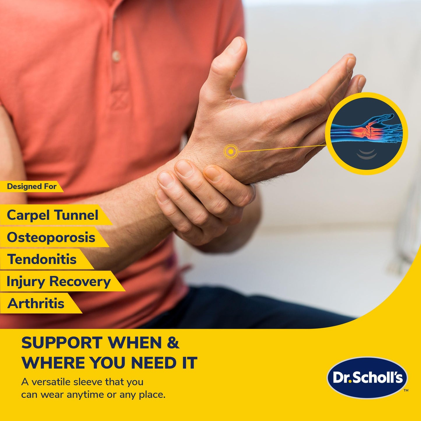 Dr. Scholl's Wrist Brace with Massaging Gel & Breathable Fabric, Shock-Absorbing Wrist Wraps, Built-in Gel Padding & Support (Size L/XL)