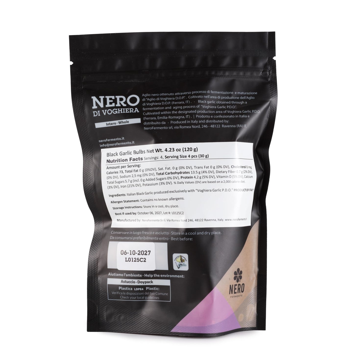 NERO FERMENTO Italian Black Garlic (from Voghiera, Italy), DOP Certification, 60-Day Aged, 4.23 oz (3-4 bulbs), Whole Fermented Black Garlic, Gourmet Superfood.