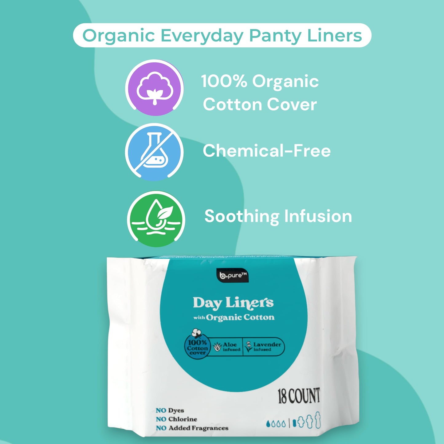 b.pure 100% Organic Cotton Herbal Panty Liners for Women | Chemical Free | Lavender & Aloe Infused | Light, Breathable Protection | 72-Count