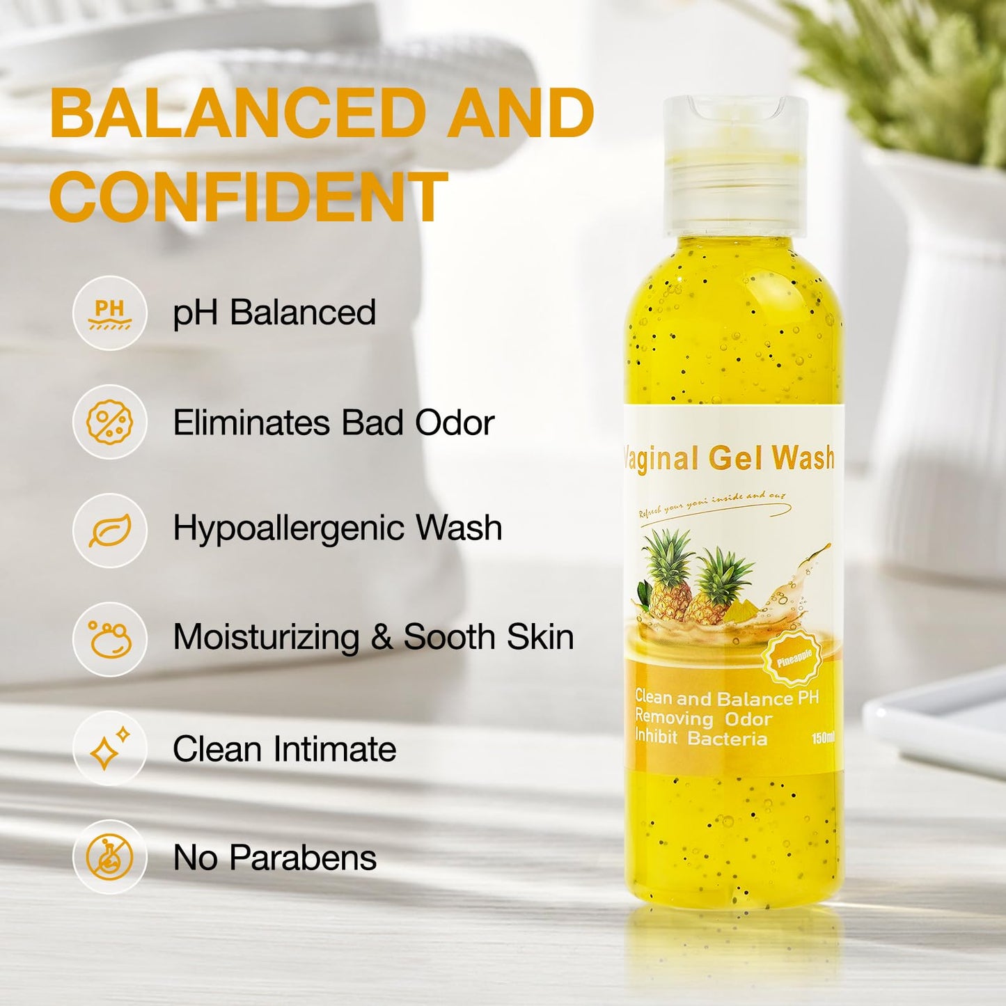 BASSI 2PCS Feminine Wash for Women pH Balance, All Natural Yoni Wash Body Wash Hygiene Vagina Wash Soap for Women Moisturizing Remove Odor Intimate Health, 5.07 Fl Oz, Pineapple Scent