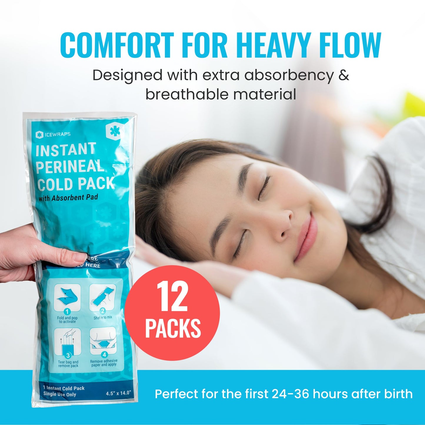 ICEWRAPS Instant Postpartum Cold Pads for Women After Birth – Ice Packs for Postpartum Care, Easy to Activate (Squeeze to Use) Stays Cold up to 20 Min, 12 Pack, Disposable Pads – FSA-HSA Eligible