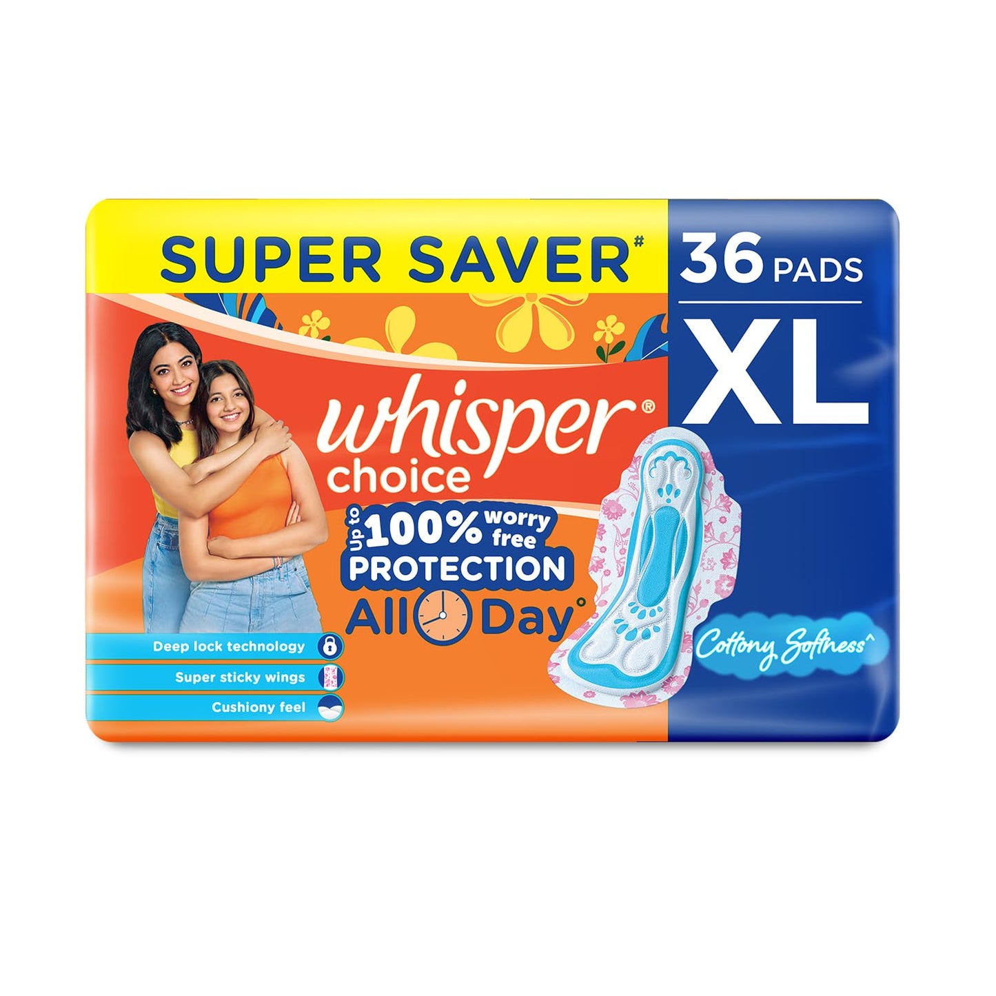 Whisper Choice Sanitary Pads, 36 XL Pads, Upto 100% Stain Protection All Day, Longer Length for Better Coverage, 20% Wider Back, Dry Top Sheet, with Wings