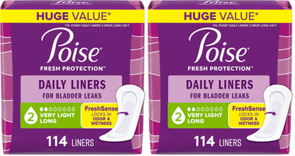 Poise Daily Liners, Incontinence Panty Liners for Bladder Leaks, 2 Drop Very Light Absorbency, Long Length, Packaging May Vary,114 Count (Pack of 2)