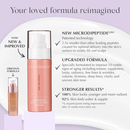 EXUVIANCE AGE REVERSE+ Advanced Total Correct Firming Antiaging Face Serum - For Fine Lines and Deep Wrinkles - Hydrates, Brightens & Evens Skin Tone with Peptides, Hyaluronic Acid and PHA, 1 Fl Oz