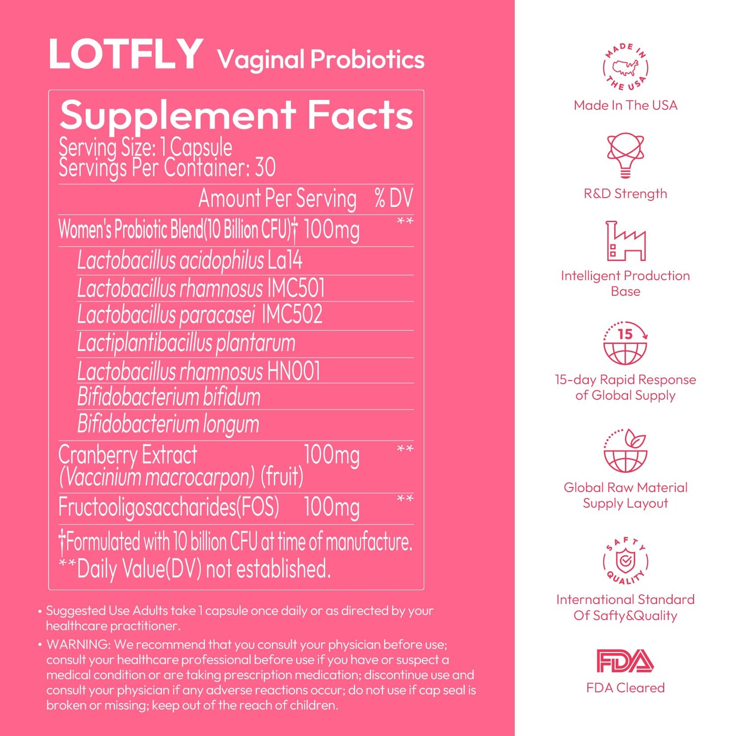 Vaginal Probiotics for Women 100 Billion CFU with Cranberry Extract for pH Balance & UTI Support, Plus Prebiotics & Lactobacillus, Triple Action for Vaginal, Urinary & Gut Health, 30 Capsules