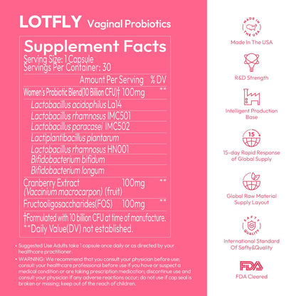 Vaginal Probiotics for Women 100 Billion CFU with Cranberry Extract for pH Balance & UTI Support, Plus Prebiotics & Lactobacillus, Triple Action for Vaginal, Urinary & Gut Health, 30 Capsules