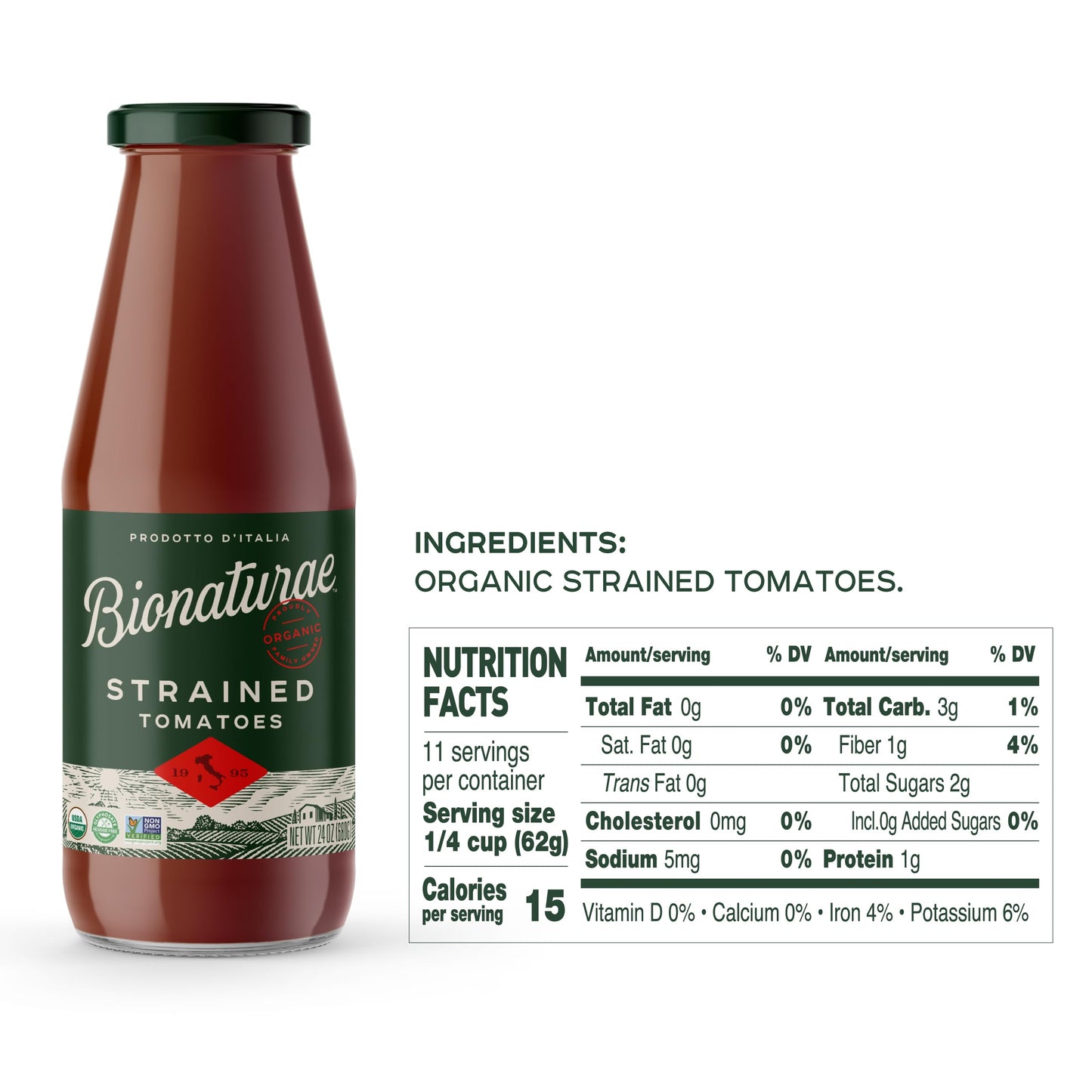 Bionaturae Organic Strained Tomatoes - No Salt Strained Tomatoes, Strained Tomatoes in a Jar, Keto Friendly, Non-GMO, USDA Certified Organic, No Added Sugar, Made in Italy - 24 Oz, 4 Pack