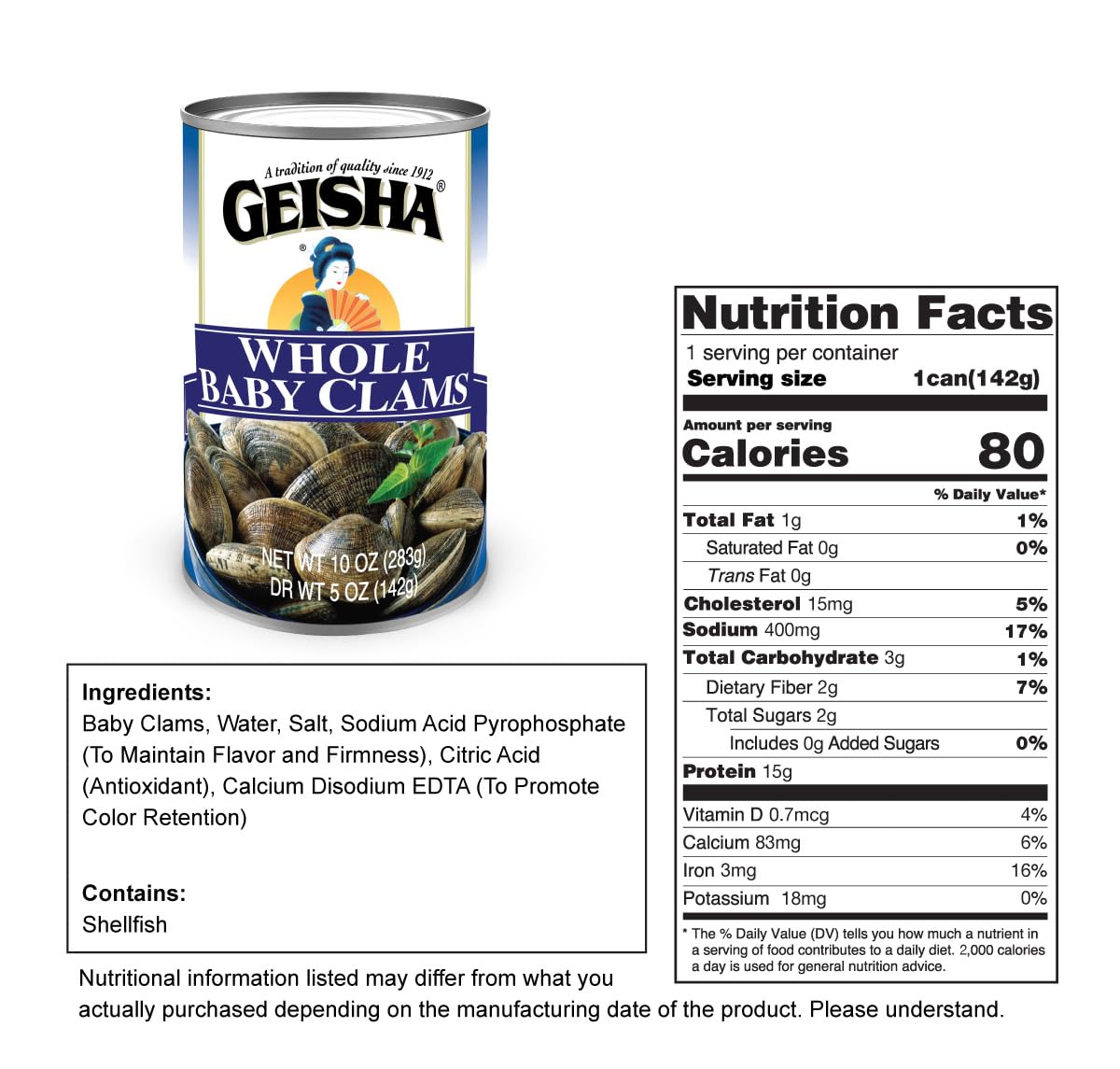 GEISHA Whole Baby Clams 10oz (Pack of 12), Baby Clams| No Sugar Added – Wild Caught – Good Source of Protein－Good Source of Iron－Less than 100Kcal per canee