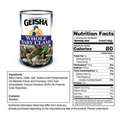 GEISHA Whole Baby Clams 10oz (Pack of 12), Baby Clams| No Sugar Added – Wild Caught – Good Source of Protein－Good Source of Iron－Less than 100Kcal per canee