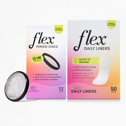 FLEX Daily Liners (50 Count) and Flex Menstrual Discs (12 Count) Bundle | Beginner-Friendly Tampon Alternative | Helps Fight Odor | Disc Capacity of 5 Super Tampons
