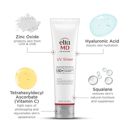 EltaMD UV Sheer Face Sunscreen, SPF 50+ No White Cast Sunscreen for Face and Body, Zinc Oxide Sunscreen Formula