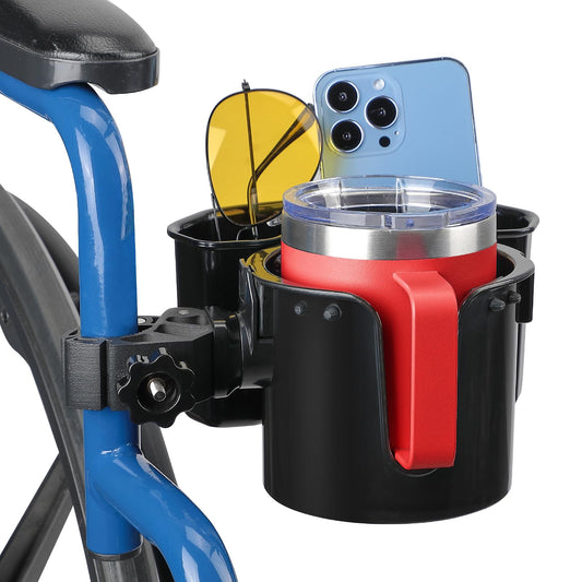 JOYTUTUS Wheelchair Cup Holder, 2-in-1 Walker Cup Holder with 6.4'' Large Storage Box, Drink Holder for Bottle with Handle, Fit for Wheelchair, Walker, Rollator, Stroller, Camper, Golf cart (Large)