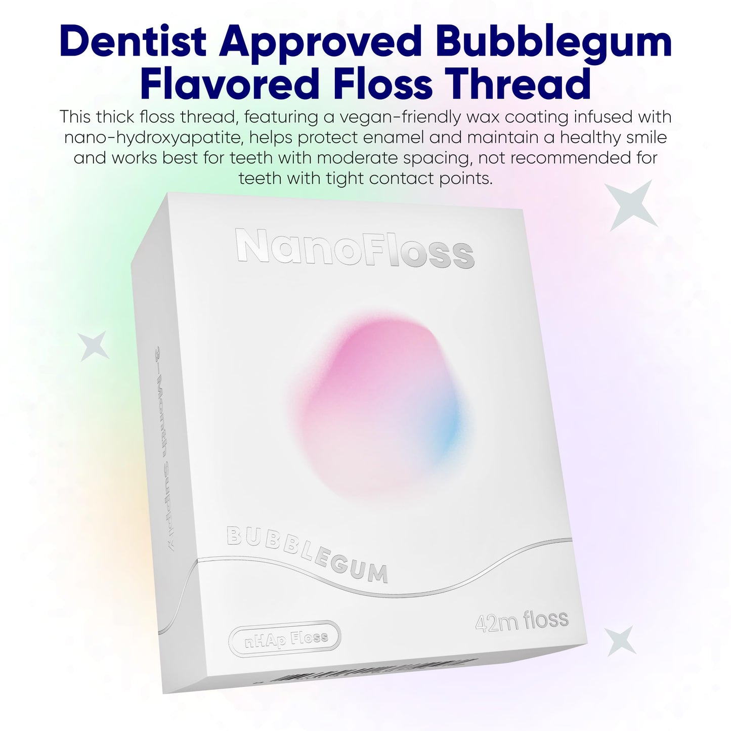 Something Nice NanoFloss Threader for Teeth, Vegan Dental Floss Thread, nHAP1000D Polyester Fiber Waxed with Nano Hydroxyapatite for Enamel Care Kid Friendly, Bubblegum Flavored, 42M