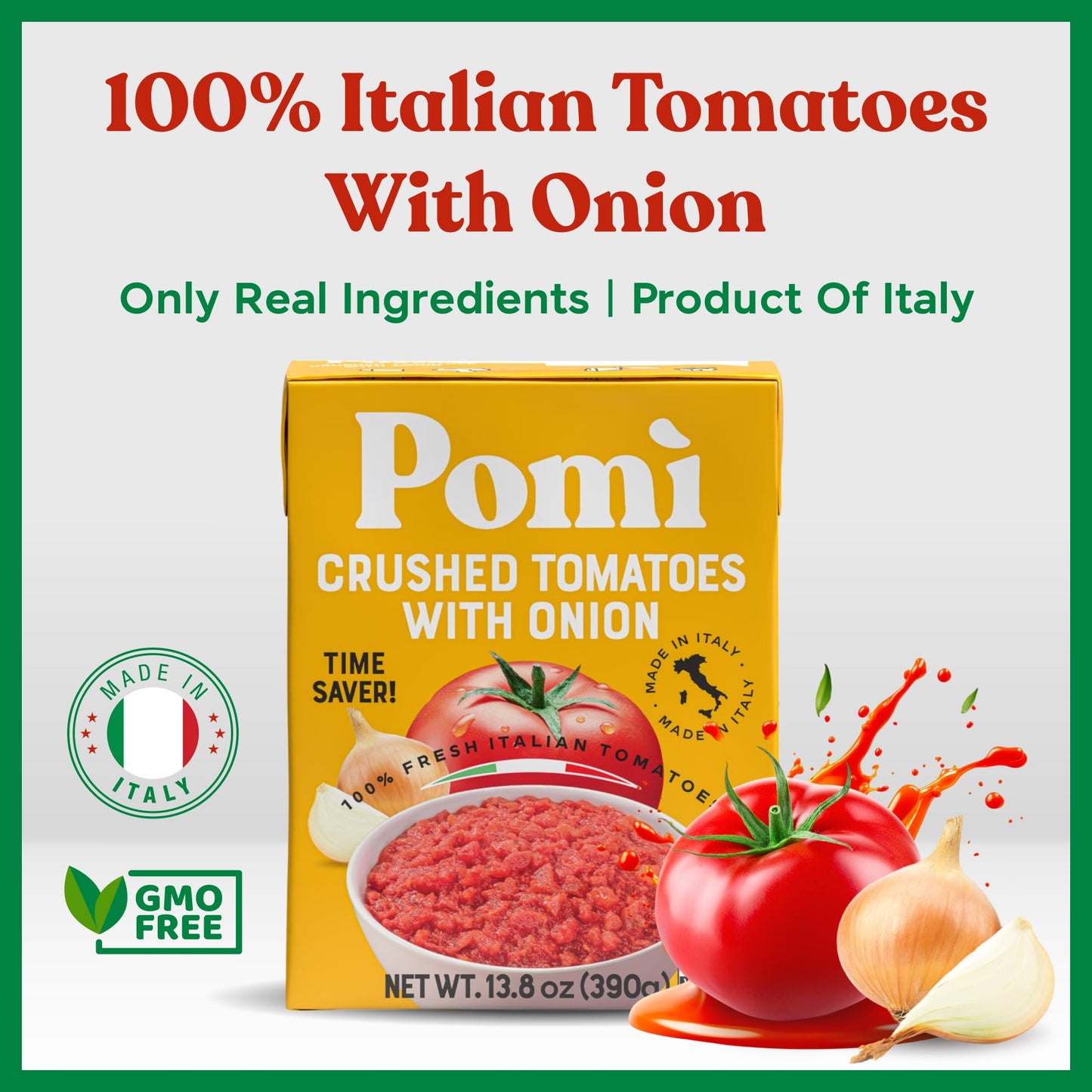 Pomì Crushed Tomatoes with Onion 13.8oz (Pack of 12) - Creamy, Velvety Italian Tomato Sauce No Salt Added, No Additives or Preservatives - BPA free Tomato Crushed - Made from 100% Fresh Italian Tomatoes