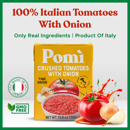 Pomì Crushed Tomatoes with Onion 13.8oz (Pack of 12) - Creamy, Velvety Italian Tomato Sauce No Salt Added, No Additives or Preservatives - BPA free Tomato Crushed - Made from 100% Fresh Italian Tomatoes