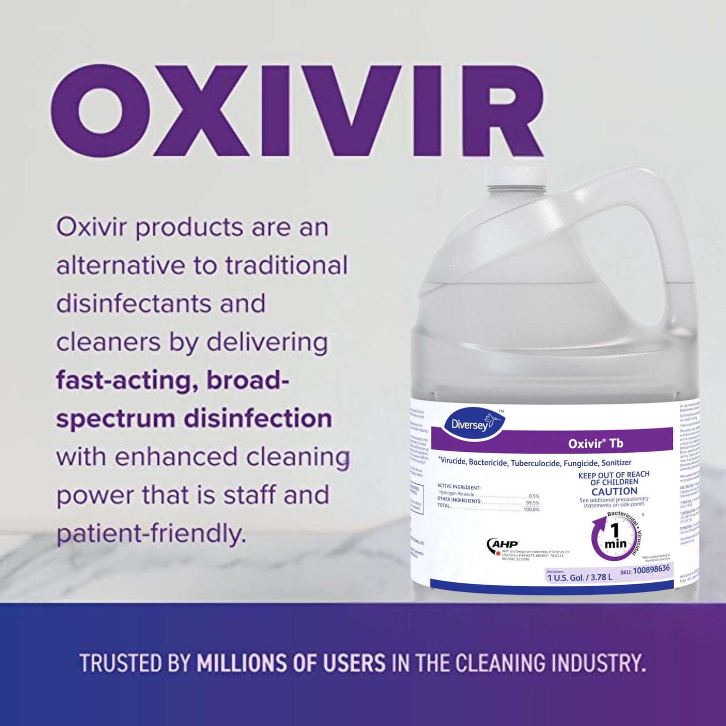 Oxivir Diversey 100898636 Tb One-Step Liquid Disinfectant Cleaner, Hospital Grade Accelerated Hydrogen Peroxide AHP, No Fragrance Added, Ready-to-Use, 1-Gallon