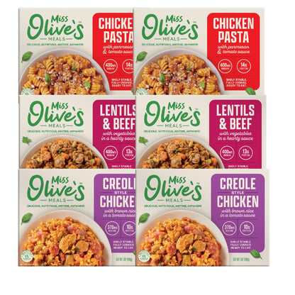 Miss Olive’s Protein Pack – Shelf-Stable Microwavable Ready Meals (6 Pack) – Chicken Creole, Lentils & Beef, Chicken Pasta Parmesan – Fully Cooked Heat & Eat Meals