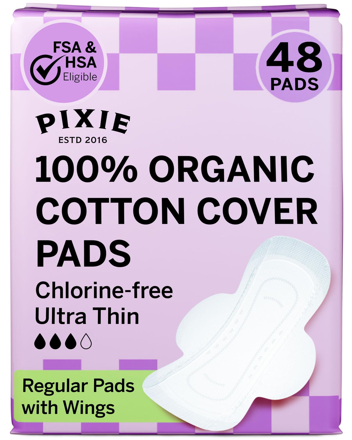 Pixie Organic Cotton Ultra Thin Pads with Wings for Women - Leak-Proof & Moisture-Wicking for Feminine Care - Compostable, Unscented Menstrual Pads - Regular Absorbency - FSA Eligible - 48 Count