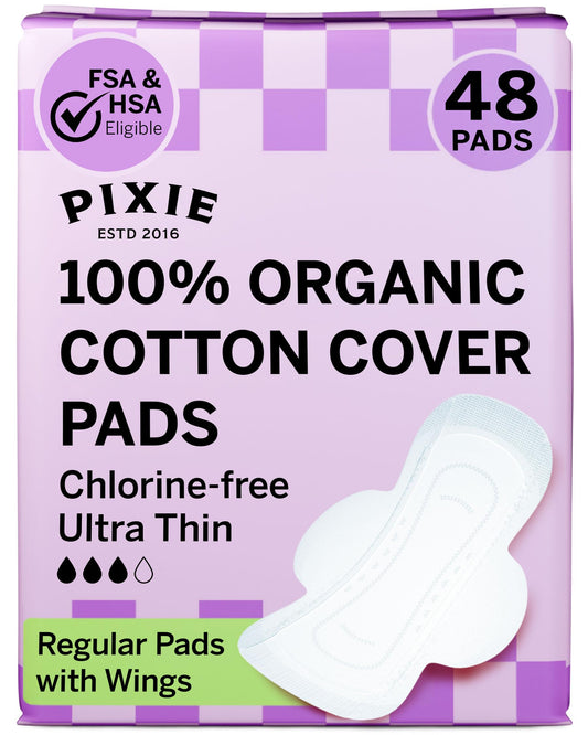 Pixie Organic Cotton Ultra Thin Pads with Wings for Women - Leak-Proof & Moisture-Wicking for Feminine Care - Compostable, Unscented Menstrual Pads - Regular Absorbency - FSA Eligible - 48 Count