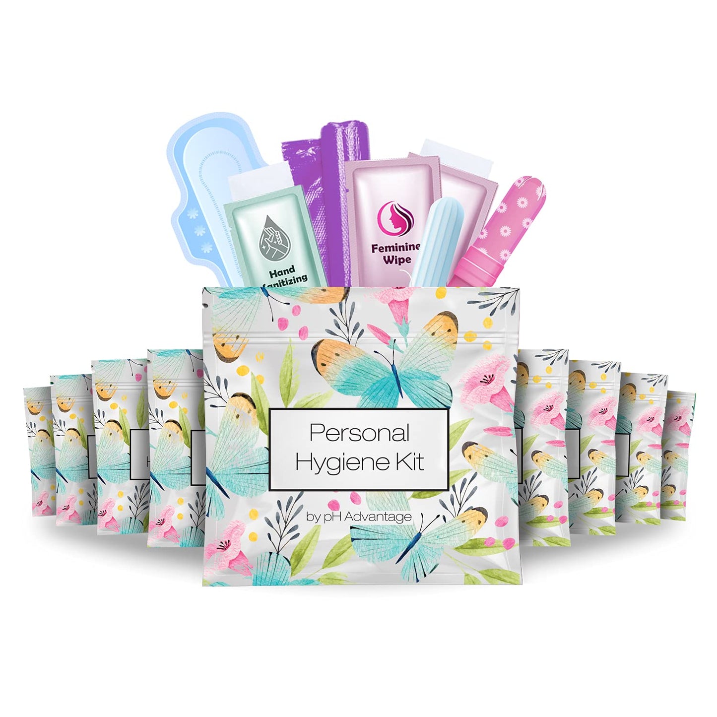 Menstrual Kit All-in-One | Convenience on The Go | Single Period Kit Pack for Travelling, Tweens & Teenagers | Individually Wrapped Feminine Hygiene Products (Butterflies) (10 Pack)