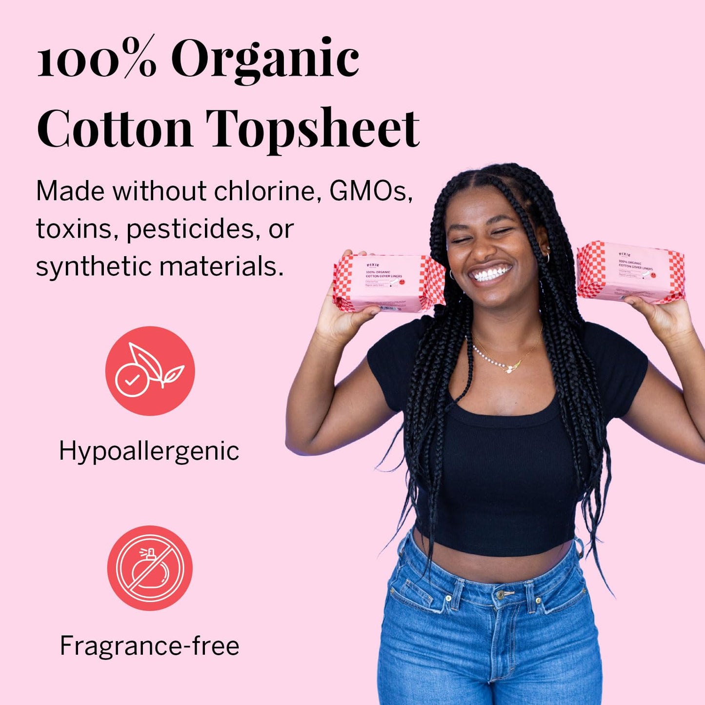Pixie Organic Cotton Panty Liners for Women - Regular Wrapped Pantiliners - Light Absorbency & Ultra-Thin - Leak-Proof, Hypoallergenic & Unscented for Feminine Care - Compostable - 44 Count