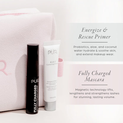PÜR Minerals Multitasking Essentials Kit - Makeup Gift Set Includes 4-in-1 Correcting Primer, Fully Charged Mascara, 4-in-1 Pressed Mineral Powder & 1 Chisel Brush