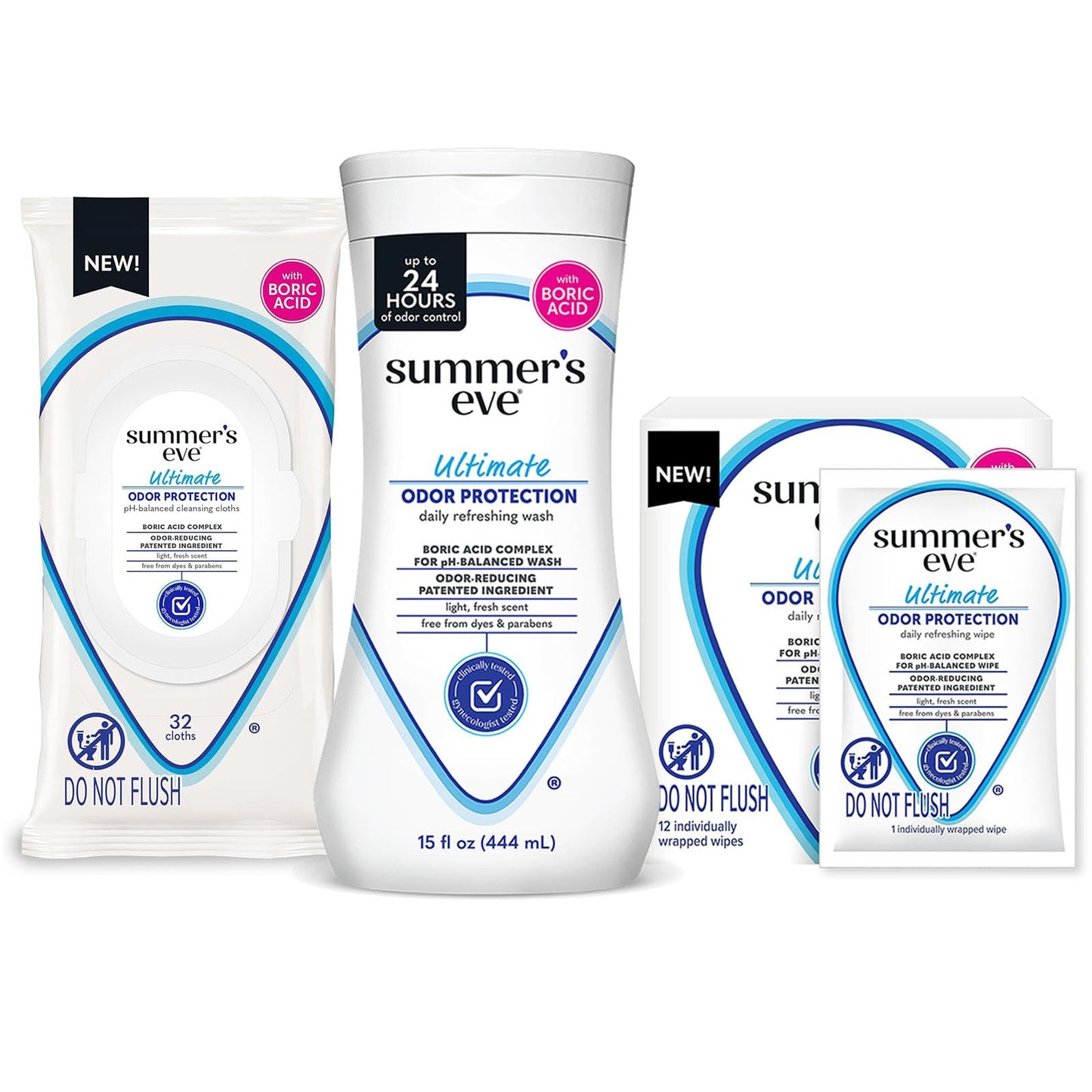 Summer's Eve Ultimate Odor Protection Bundle; 15oz Cleansing Wash, 32ct Feminine Wipes, and 12ct To-Go Feminine Wipes
