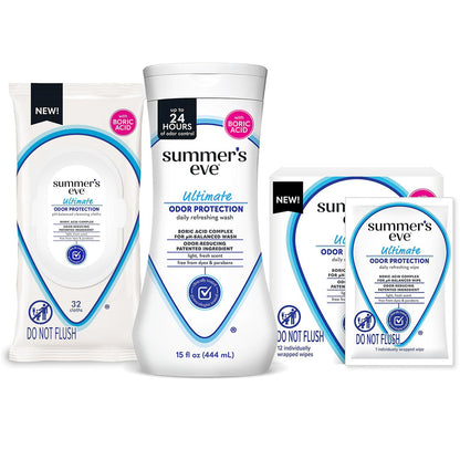 Summer's Eve Ultimate Odor Protection Bundle; 15oz Cleansing Wash, 32ct Feminine Wipes, and 12ct To-Go Feminine Wipes