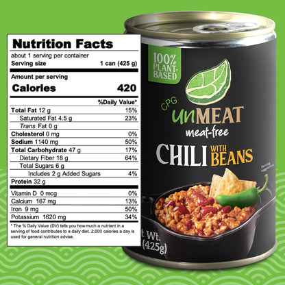 unMEAT Plant Based Meat | Easy to Prepare Plant Based Protein | Vegan Meat with Less Calories, Chili with Beans, 12 pack