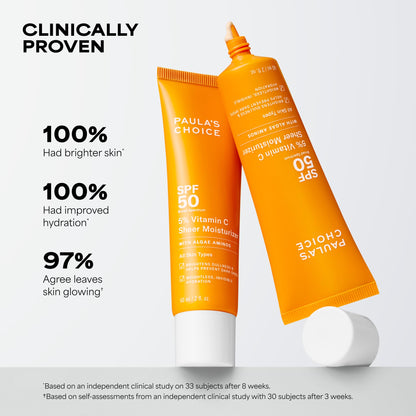 Paula's Choice 5% Vitamin C Sheer Sunscreen for Face, SPF 50 Face Sunscreen, Moisturizing, Lightweight Invisible, Prevents Dark Spots, No Cast, All Skin Types, UVA/UVB Protection, Fragrance-Free, 2oz