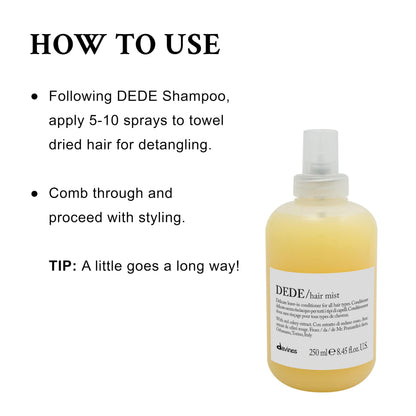 Davines DEDE Hair Mist, Lightweight Leave-In Milk Conditioner for All Hair Types - Frequent Use Spray to Detangle, Moisturize, and Remineralize with Red Celery Extract, Weightless, 8.45 Fl Oz