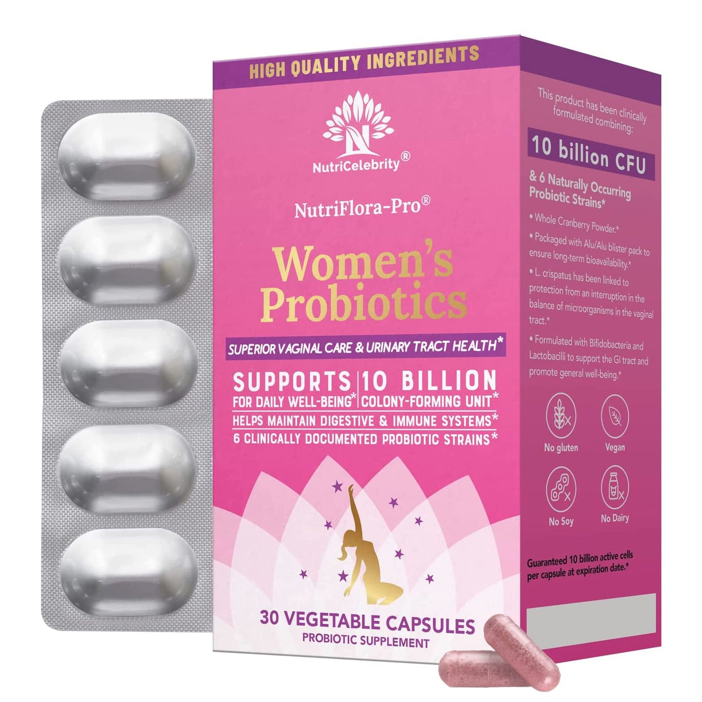 NutriCelebrity NutriFlora-Pro Probiotics for Women - Support Vaginal, Urinary Health (UTI), Digestive System, Period Pain, Yeast, and BV Relief, Cranberry Pills, 10 Billion CFU 6 Strains (30 Caps)
