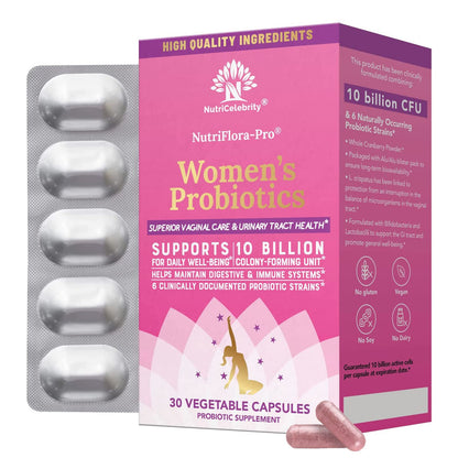 NutriCelebrity NutriFlora-Pro Probiotics for Women - Support Vaginal, Urinary Health (UTI), Digestive System, Period Pain, Yeast, and BV Relief, Cranberry Pills, 10 Billion CFU 6 Strains (30 Caps)