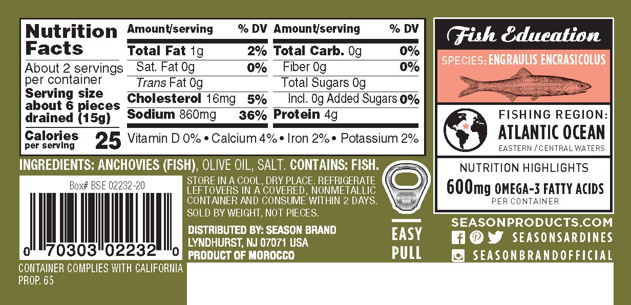 Season Anchovies in Olive Oil - Flat Anchovy Fillets, Wild Caught Fish, Keto Snacks, Canned Anchovies, Rich in B Vitamins, Low in Mercury, Kosher, Non-GMO, 600mg of Omega-3-2 Ounce, 12-Pack