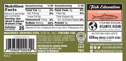 Season Anchovies in Olive Oil - Flat Anchovy Fillets, Wild Caught Fish, Keto Snacks, Canned Anchovies, Rich in B Vitamins, Low in Mercury, Kosher, Non-GMO, 600mg of Omega-3-2 Ounce, 12-Pack