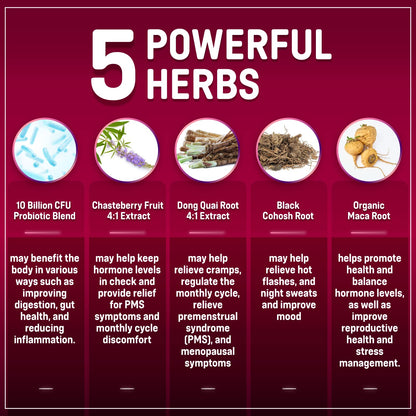 Hormone Balance + Probiotics for Women- Natural Menopause Relief, Weight Management, Bloating, Hot Flashes, PMS | Organic Maca, Chasteberry, Dong Quai & Black Cohosh | Non GMO |120 V Capsules